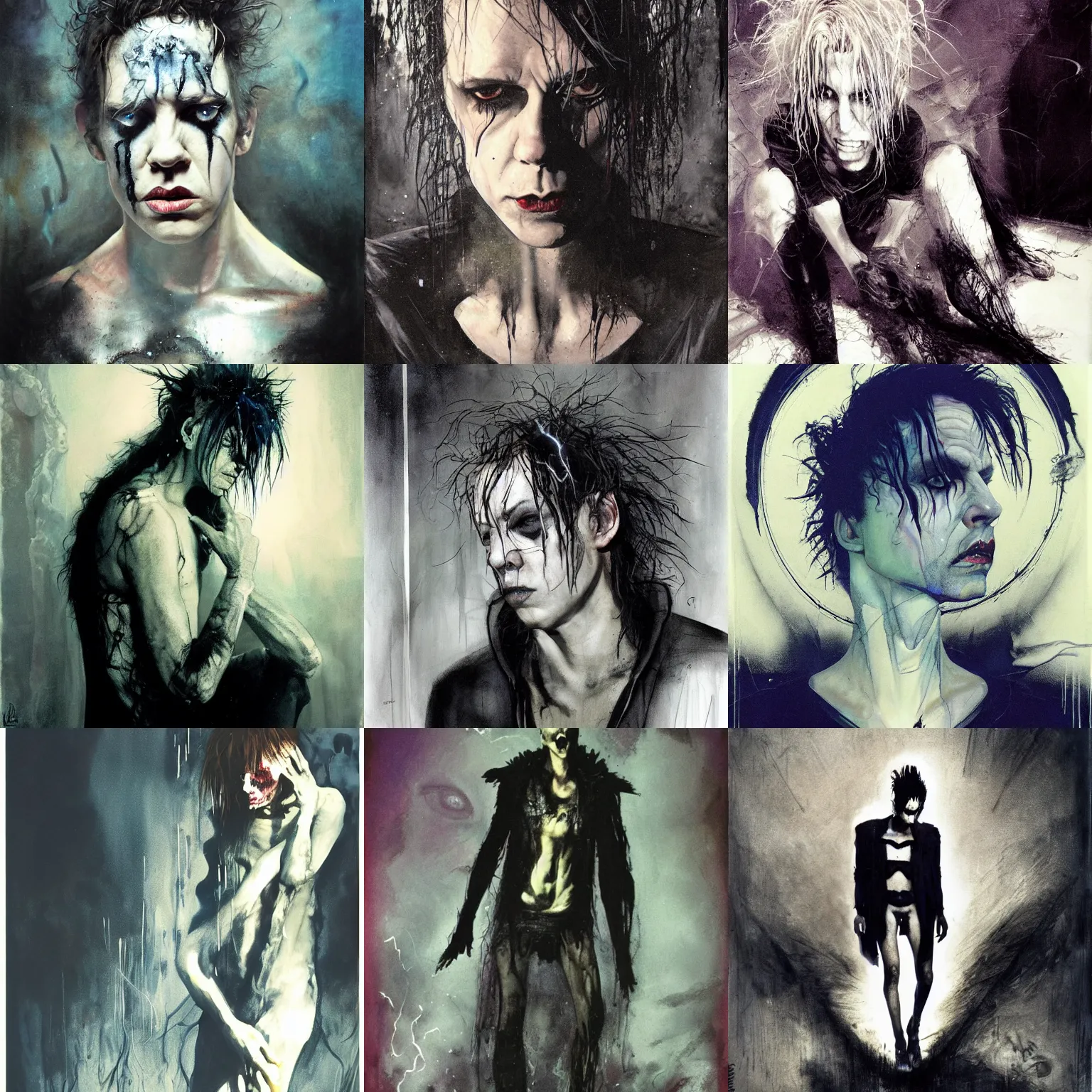 Image similar to gaunt ( the cure fan ) as dream from sandman, sadness, by jeremy mann, by cedric peyravernay, by ben templesmith, by dave mckean and richard avedon, dramatic lightning, dark eye sockets, closed eyes, black t - shirt, 1 9 8 0's, punk rock, gothic, the cure, high detailed, 8 k