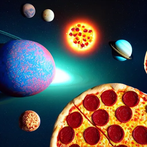 Image similar to the entire beautiful solar system with pizza instead of planets, artstation, hyperrealistic, digital art, octane render, cinematic lightning, Nvidia omniverse, unreal engine 5, highly detailed, vivid colors