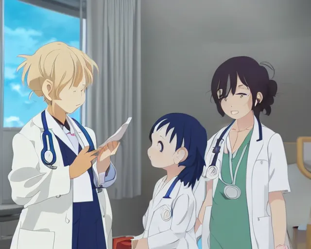 Prompt: a cute young female doctor wearing white coat are talking to a little girl in a hospital, slice of life anime, vivid, anime scenery by Makoto shinkai