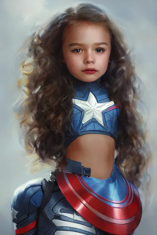 Prompt: a little girl with a michievous face and light brown curly wavy hair. she is dressed as captain america, spider - man, batman, captain marvel, a superhero. clean elegant painting, beautiful detailed face. by artgerm and greg rutkowski