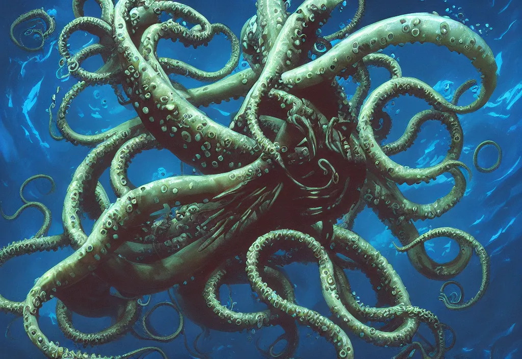 Image similar to Underwater Tentacle Pandomonium;Art by Greg Manchess, Art Direction by Jeremy Jarvis; painting spiraling inward; Deep sea horror; gallery painting; teeth and eyes; illustration