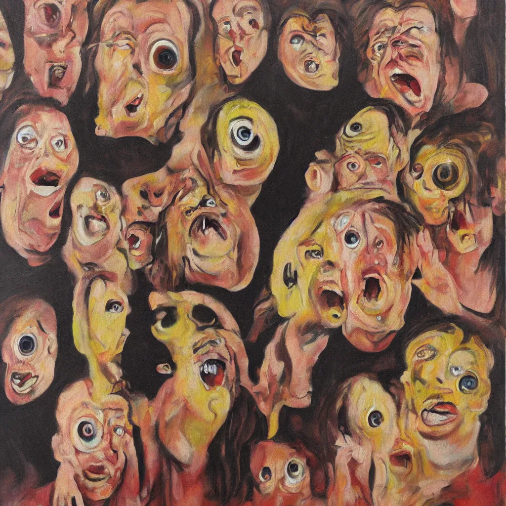 Prompt: oil painting of a family photo, screaming eyes wide shot art by francis bacon