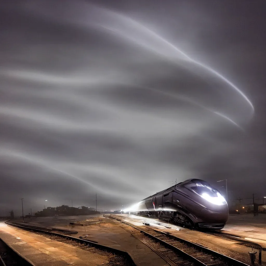 Image similar to closeup wide angle view of powerful futuristic streamline train speeding very fast. romanticism. extreme speed with headlight beam shining brightly into the fog and rain. dramatic lighting. motion streaks.. vanishing point. photorealistic.