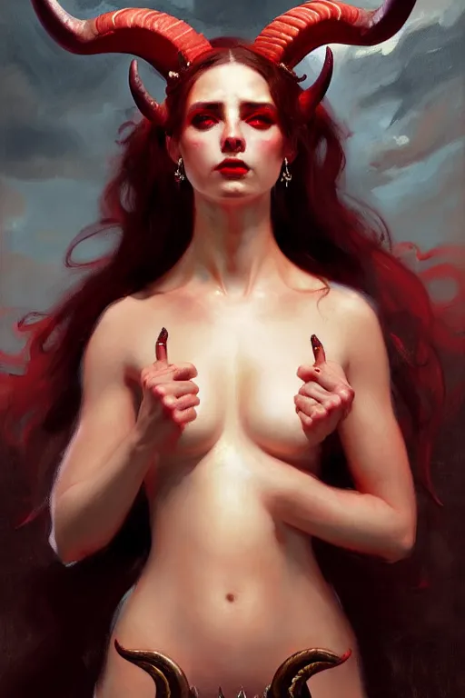 Prompt: painted close - up portrait of a attractive red - skinned intimidating demon girl with ram horns! oil painting, wearing a noblewoman's outfit, fantasy art by greg rutkowski and john singer sargent and gaston bussiere, demon noble character design, hd
