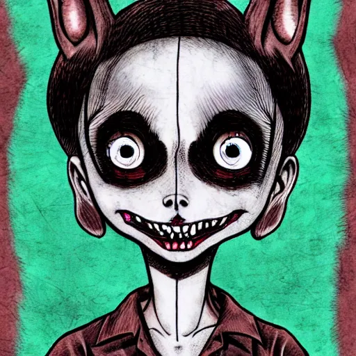 Image similar to a dark brown humanoid chihuahua, hyper detailed, in the style of junji ito and and junji ito and junji ito, selfie