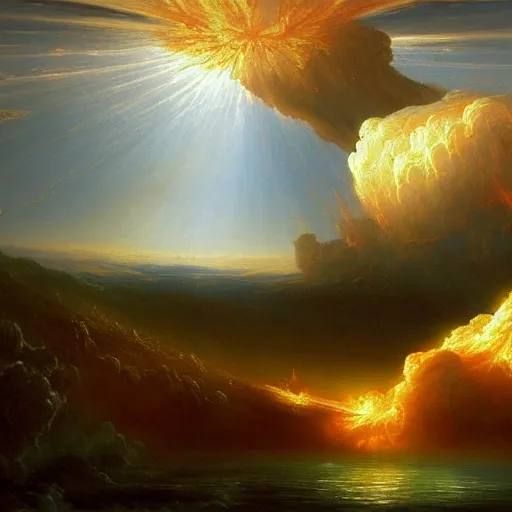 Image similar to An atom bomb explosion in Heaven, by Thomas Cole, oil on canvas, masterpiece, trending on ArtStation