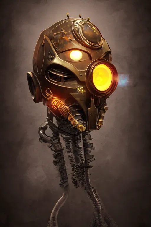 Image similar to steampunk mask minimalist fantasy art robot ninja helmet, global illumination ray tracing hdr fanart arstation by sung choi and eric pfeiffer and gabriel garza and casper konefal radiating a glowing aura