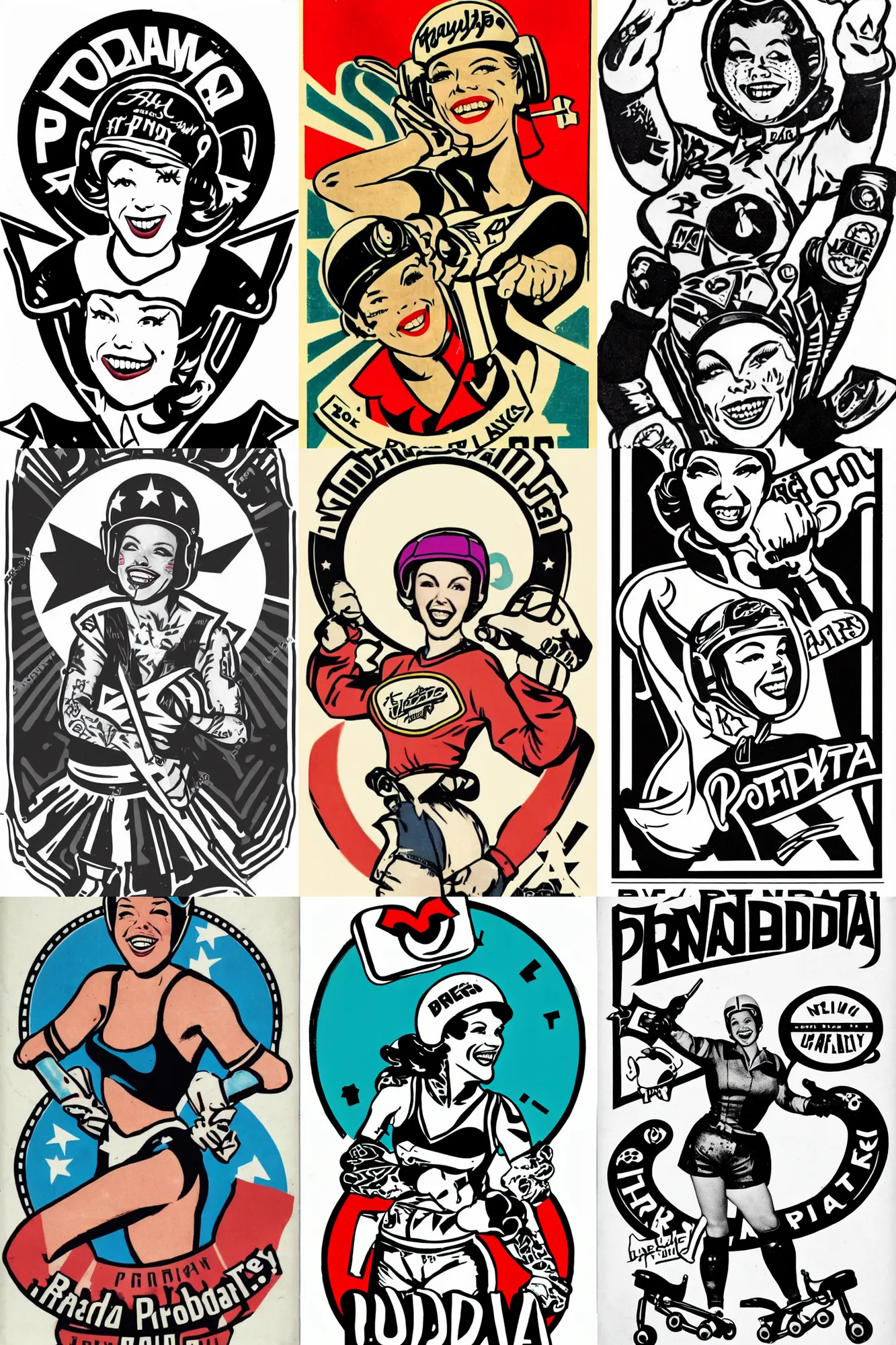 Prompt: propaganda logo, pretty roller derby girl, wearing roller derby helmet, tattoos, smile 1950s