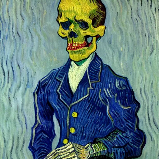 Image similar to detailed expressionist oil painting portrait by van gogh of a skeleton in a suit, a tall formal skeleton in suit and tie, expressionist portrait, color scheme of greys and whites, 8 k resolution, smooth, sharp focus