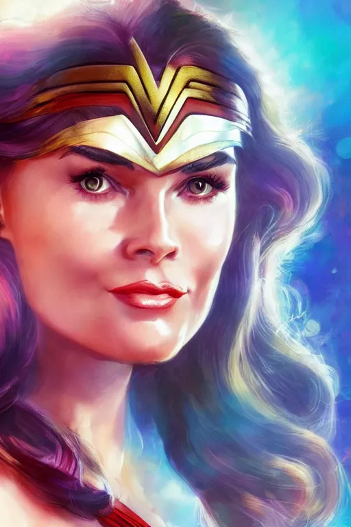 Image similar to portrait of a mix of beautiful young maria shriver, mariel hemmingway, brooke shields and elle macpherson as wonderwoman, thin lips, hair tied up in a pony tail, colorful artstation, cgsociety