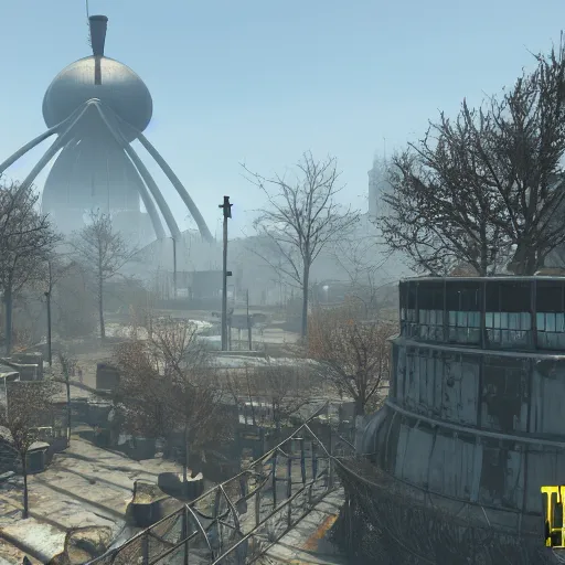 Image similar to the atomium from belgium in fallout 4, screenshot, high res, raytracing