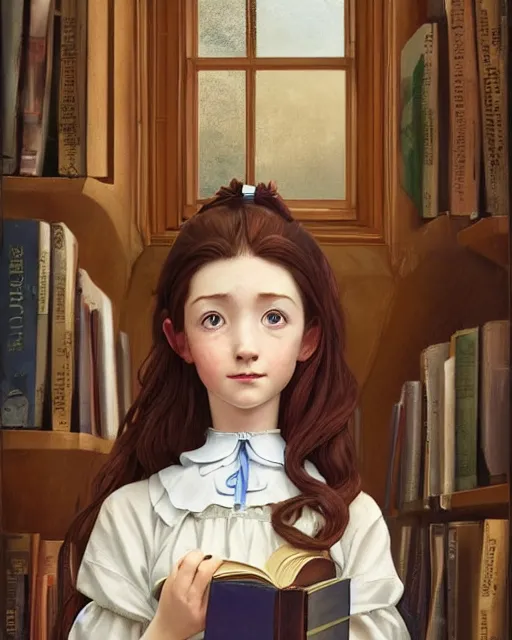 Prompt: a portrait of a victorian maid with long, flowing, auburn hair, detailed face, large eyes, happy, maid outfit, standing in a victorian reading room, window, short bookshelf, holding a stack of books, vivid colors, soft lighting, atmospheric, cinematic, moody, in the style of Ilya Kuvshinov and Range Murata, Krenz Cushart, oil on canvas, anime, 8K