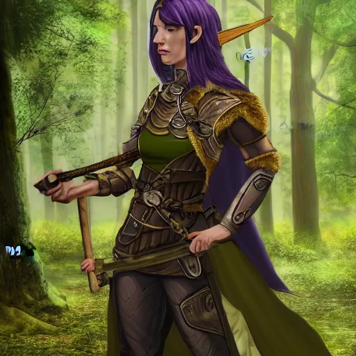 Prompt: athena as a medieval fantasy wood elf, dark purplish hair tucked behind ears, wearing a green tunic with a fur lined collar and brown leather armor, wide, muscular build, scar across nose, one black, scaled arm, cinematic, character art, digital art, forest background, realistic. 8 k,