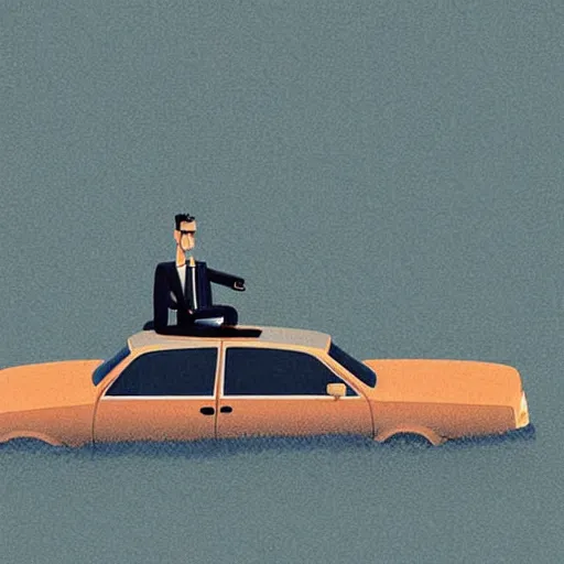 Image similar to a man in suit sitting on the top of a car in a flooded street, looking at his phone, art by James Gilleard, James Gilleard artwork