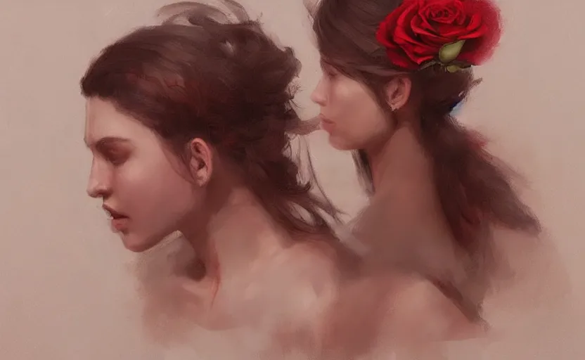 Prompt: a painting of virtualrose trending on artstation in the style of greg rutkowski, beautiful, sensuality, young female, sensual, natural skin, brown hair, red rose in hair