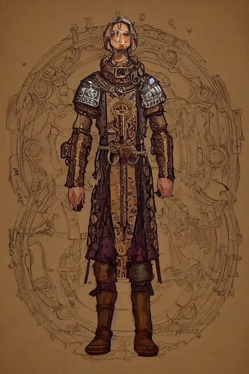 Image similar to beautiful calm bright ai generated fullbody character illustration of a medieval timetraveller highpriest in ornated wooden armor and decorated sacred outfit and heavily equipped with steampunk cyberwares. rendered by machine.delusions. inspired by: @machine.delusions on instagram. Slightly reminds to ghibli studio style. Fullbody portrait uncut centered cinematic, dramatic pose