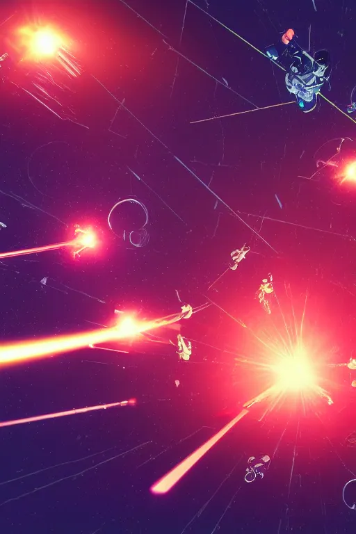 Image similar to wide view of a dozen futuristic spacemen firing lasers, zero gravity, floating, in space, bright, hiding behind obstacles, surrounded by a laser grid, stars visible, unreal engine, lensflares, low perspective, vector, polygons