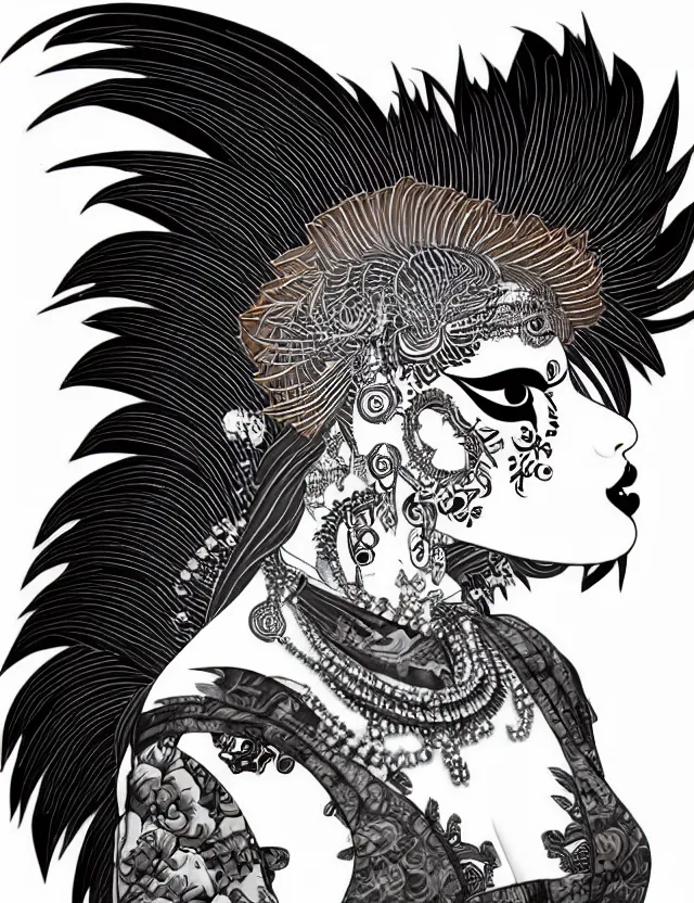 Image similar to 3 d goddess close - up profile portrait punk with mohawk with ram skull. beautiful intricately detailed japanese crow kitsune mask and clasical japanese kimono. betta fish, jellyfish phoenix, bio luminescent, plasma, ice, water, wind, creature