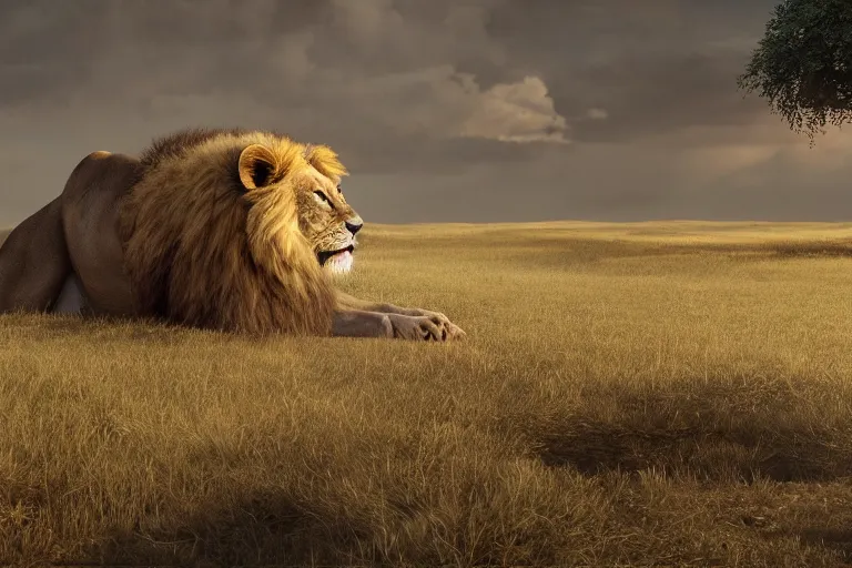 Image similar to tarkovsky scene, hyper realistic, ambient lighting, concept art, intricate, hyper detailed, smooth, dynamic volumetric lighting, octane, raytrace, cinematic, high quality, high resolution, 4 k, film grain, lion king