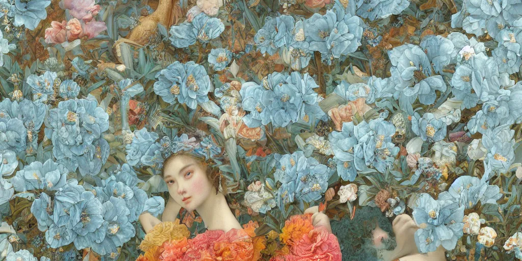 Prompt: breathtaking detailed concept art painting vintage illustration pattern of goddesses of light blue flowers with anxious piercing eyes and blend of flowers and fruits and birds, by hsiao - ron cheng and beto val and john james audubon, bizarre compositions, exquisite detail, extremely moody lighting, 8 k