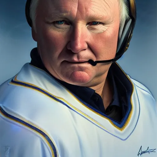 Prompt: beautiful portrait of Randy Carlyle as a hockey coach, fantasy, intricate, elegant, highly detailed, digital painting, artstation, concept art, smooth, sharp focus, luxury fashion illustration, art by artgerm and greg rutkowski and alphonse mucha, brightly lit cinematic soft lighting, photorealistic