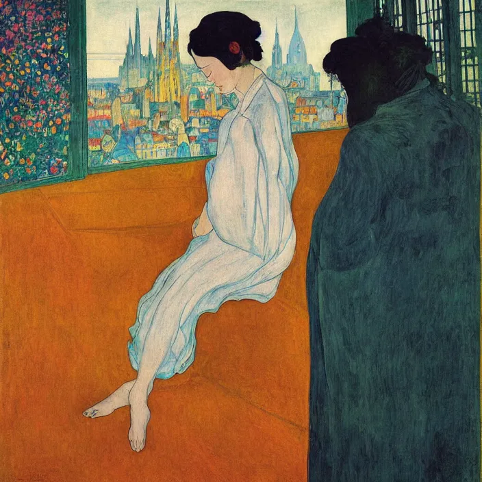 Image similar to close portrait of woman in night gown with cat and aloe vera, with city with gothic cathedral seen from a window frame with curtains. sun through the clouds, vivid iridescent colors. agnes pelton, egon schiele, henri de toulouse - lautrec, utamaro, monet