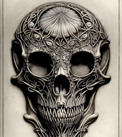 Image similar to art forms of nature by ernst haeckel, memento mori by arthur rackham, ornate antique porcelain beautiful skull mask, ultrasharp, photorealistic, hyperdetailed, octane render, polished, art nouveau, neo - gothic, gothic, intricate ornamental organic filigree, art nouveau botanicals, art forms of nature by ernst haeckel, horizontal symmetry, symbolist, visionary