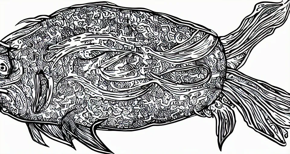 Image similar to illustration of an anglerfish, stylized linework, ornamentation, artistic