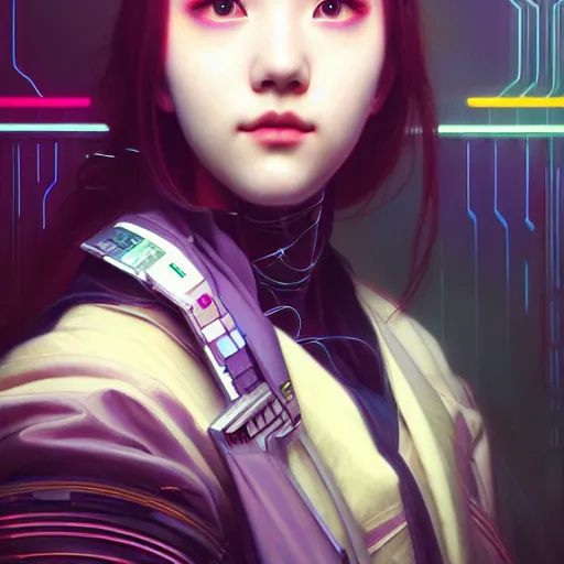 Image similar to portrait painting of cyberpunk chuu loona kpop smiling cheerfully, ultra realistic, concept art, intricate details, eerie, highly detailed, photorealistic, octane render, 8 k, unreal engine. art by artgerm and greg rutkowski and magali villeneuve and alphonse mucha