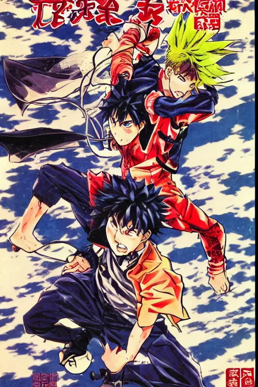 Image similar to manga cover of two characters fighting as a shounen jump cover, art by hirohiko araki, japanese comic book, art by keisuke itagaki, modern fashion outfit, dynamic poses, action poses, muscular characters