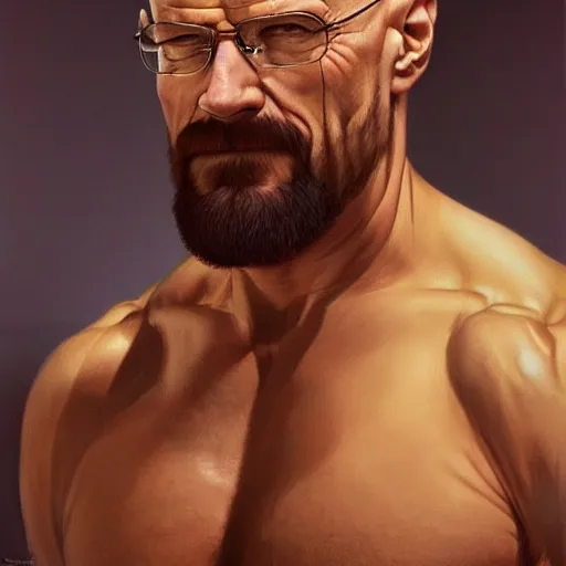 Prompt: the ultimate gigachad, incredibly muscular walter white, walter white with chiseled jawline, trending on /r/moreplatesmoredates, oil on canvas artstation by J. C. Leyendecker and Edmund Blair Leighton and Charlie Bowater octane render