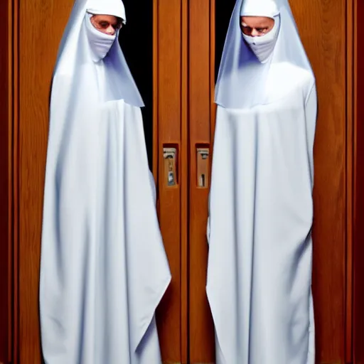 Image similar to award winning photo,two Hovering twin nuns, wearing pointed hoods, buxom chested, blindfolded, wearing translucent veils, see through dress, Very long arms, bedroom, wood door, eerie, frightening, standing at the foot of your bed, highly detailed, photorealistic, colorized —width 1024 —height 1024