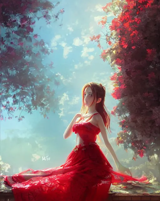 Image similar to aerith gainsborough in red lace skirt, portrait, illustration, rim light, top light, perfectly shaded, spring time, slight overcat lighting, soft painting, art by krenz cushart and wenjun lin