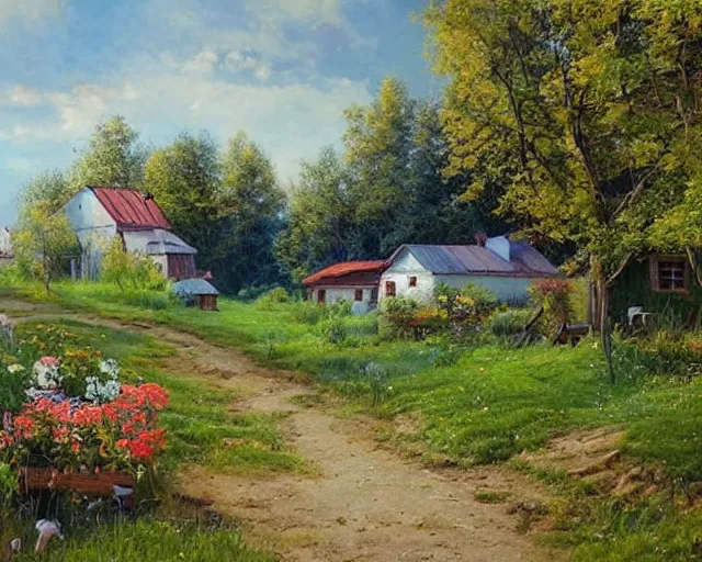 Image similar to a beautiful view of a peaceful village in ukraine. art by denys tsiperko and bogdan rezunenko, hyperrealism