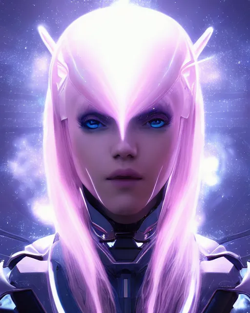 Image similar to perfect android girl on a mothership, warframe armor, beautiful face, scifi, futuristic, galaxy, nebula, raytracing, dreamy, long white hair, blue cyborg eyes, sharp focus, cinematic lighting, highly detailed, artstation, divine, by gauthier leblanc, kazuya takahashi, huifeng huang