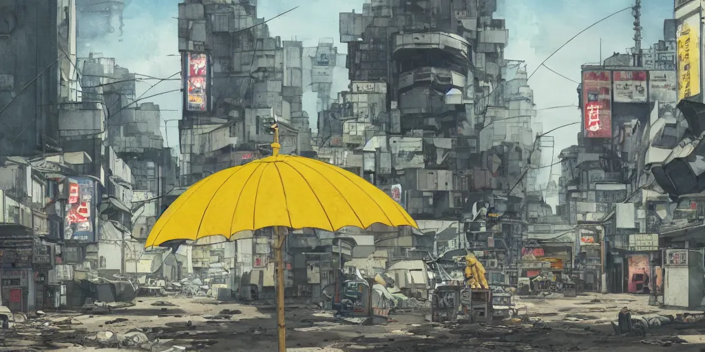 Image similar to a giant robot invasion side view, yellow parasol in deserted dusty shinjuku junk town, incredible wide screenshot, ultrawide, simple watercolor, rough paper texture, ghost in the shell movie scene, broken vending machines, bold graphic graffiti, old pawn shop, bright sun bleached ground, mud, fog, dust, windy, scary robot monster lurks in the background, ghost mask, teeth, animatronic, black smoke, pale beige sky, junk tv, texture, brown mud, dust, tangled overhead wires, telephone pole, dusty, dry, pencil marks, genius party, shinjuku, koji morimoto, katsuya terada, masamune shirow, tatsuyuki tanaka hd, 4k, remaster, dynamic camera angle, deep 3 point perspective, fish eye, dynamic scene