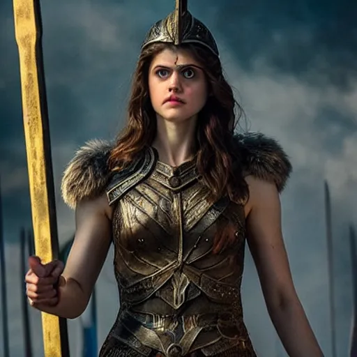 Prompt: full shot photo of alexandra daddario as a valkyrie warrior