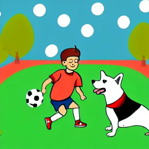 Image similar to illustration of french boy playing football with a corgi wearing a polka dot scarf in paris