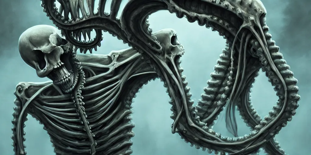 Image similar to a human skeleton slowly transforming into a tentacle monster, matte oil painting, concept art, dnd, clear, crisp, sharp, bones, eldritch, award - winning, extremely detailed, 4 k, 8 k