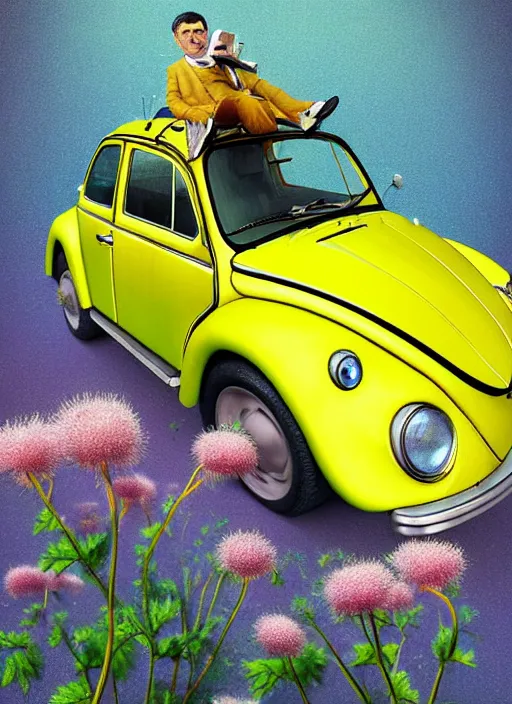 Image similar to hyper detailed 3d render like a Oil painting muted colors - slightly silly portrait of Rowan Atkinson cross eyed as Mr. Bean atop his yellow beetle in Aurora seen tickling of the Strangling network of yellowcake aerochrome and milky Fruit and Her delicate Hands hold of gossamer polyp blossoms bring iridescent fungal flowers whose spores black the foolish stars by Jacek Yerka, Mariusz Lewandowski, Houdini algorithmic generative render, Abstract brush strokes, Masterpiece, Edward Hopper and James Gilleard, Zdzislaw Beksinski, Nicoletta Ceccoli, Wolfgang Lettl, hints of Yayoi Kasuma, octane render, 8k