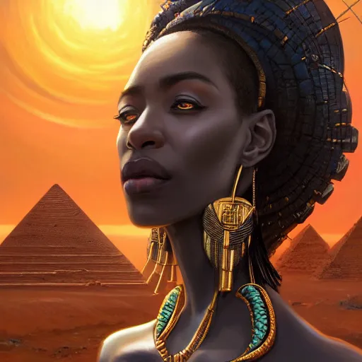 Image similar to highly detailed portrait of an african egyptian goddess, intricate alien technology, stephen bliss, unreal engine, fantasy art by greg rutkowski, loish, rhads, ferdinand knab, makoto shinkai and lois van baarle, ilya kuvshinov, rossdraws, tom bagshaw, global illumination, radiant light, detailed and intricate environment