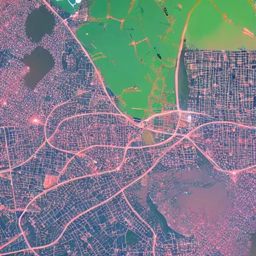 Prompt: satellite view of dar es salaam at night, pink lighting