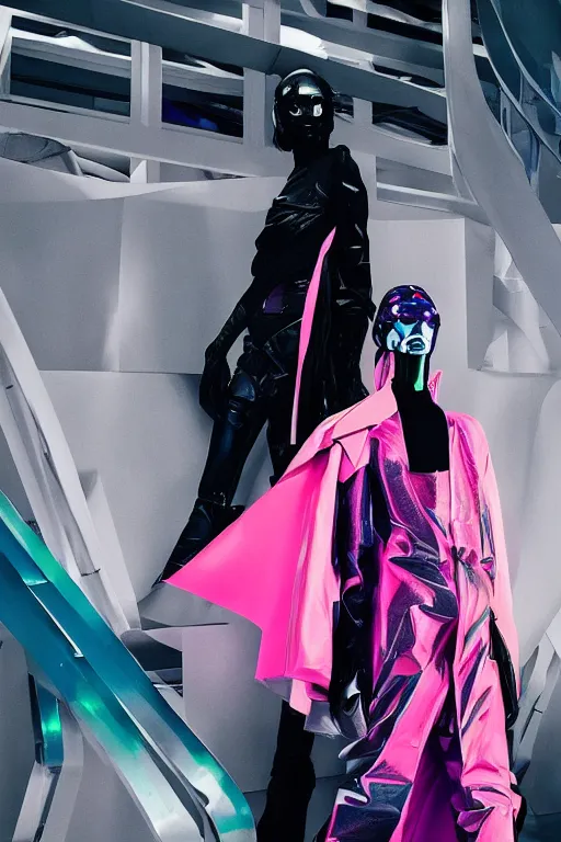 Image similar to an award winning fashion photograph of Balenciaga's fashion week 2049 by Moebius, cyberpunk, futuristic, Bladerunner 2049, dazzle camouflage!!, dayglo pink, dayglo blue, raven black, corporate