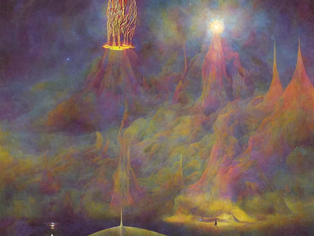 Image similar to study of the psychedelics dream bot mothership over the sublime sacred rock. painting by mikalojus konstantinas ciurlionis, bosch, wayne barlowe, agnes pelton, rene magritte