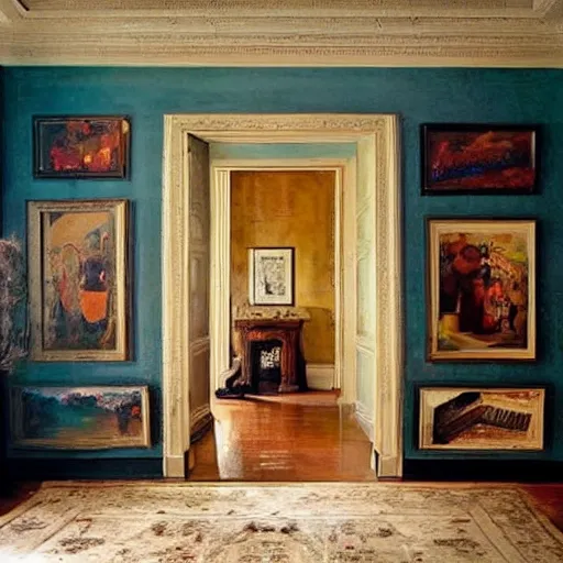 Prompt: giant mansion room with walls filled with modern art paintings, doors that are cosmic portals, photo by Annie Leibovitz