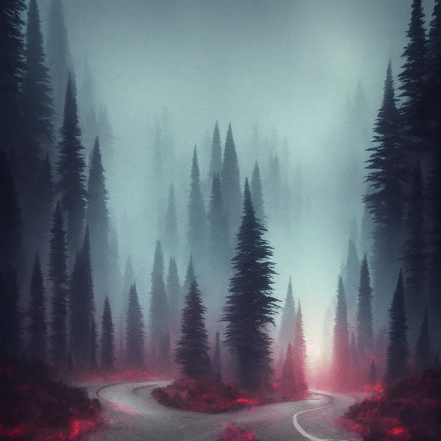 Prompt: symbolist atmospheric ink artwork of a road leading down the horizon through giant pine forests down a rocky mountain coast towards a majestic sunset. good vibes, cloudy and foggy landscape, soft tones, psychedelic, ultra realistic, concept art, modern art, photorealistic, octane render.