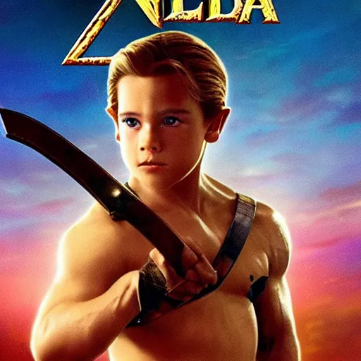 Prompt: cinema poster of a young arnold schwarzenegger holding a sword playing link in the new zelda movie