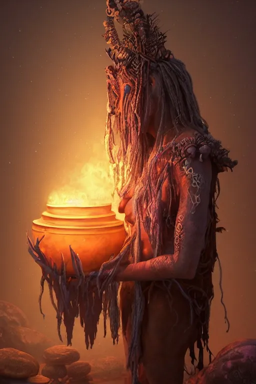 Prompt: a centered render of a wise and mystical tribal shaman brewing a cauldron that summons the souls of ancestors past is surrounded by ethereal lights and fractal geometry, cinematic, beautifully lit, by artgerm, by beeple, by karol bak, by donato giancola, 3 d, trending on artstation, octane render, 8 k