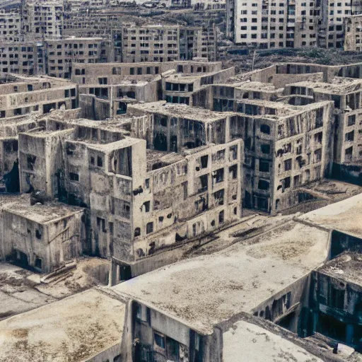 Image similar to brutalist city, prison city, totalitarian prison island, hashima island, rundown buildings, military buildings, prison complex, colorized 3 5 mm photo