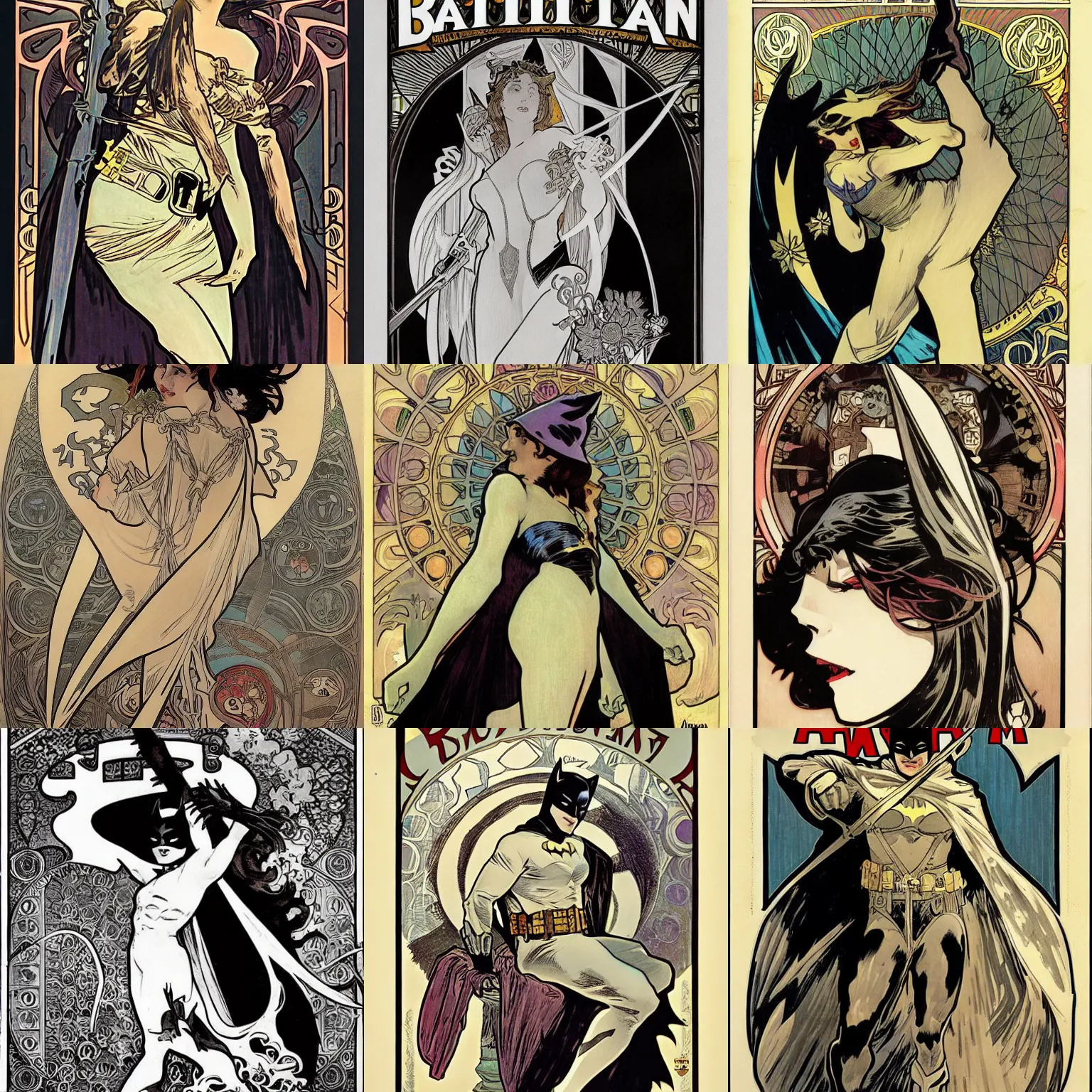 Prompt: A Batman cover by Alphonse Mucha, limited palette, highly detailed, full size